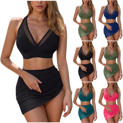 Mujer Traje de Baño de Dos Piezas Bikini Bañador de Malla Bañadores Moda Swimwear Push-up Cuello en V Beachwear Bikinis Set con Falda Swimsuit para el Mar Playa Piscina Fiesta Vacaciones