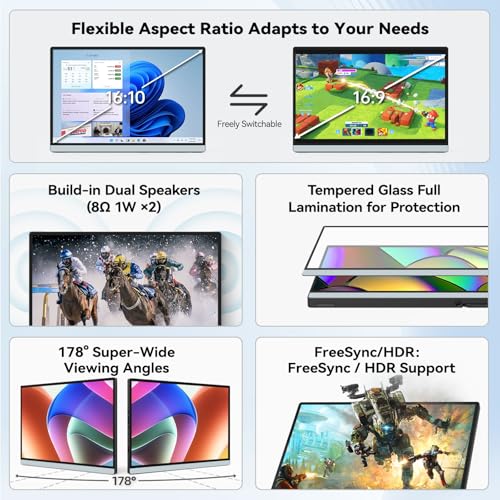 Image of Intehill 14 inch Portable Monitor, 1200P Self-Standing Portable Screen with Full Laminated Tempered Glass, 16:10 USB-C HDMI External Display with Speakers, Travel Monitor Second Screen for Laptop, F14ZA | Full Laminated Tempered Glass, 16:10 USB-C HDMI External Display w /Speakers, Travel Laptop Monitor Second Screen, F14ZA