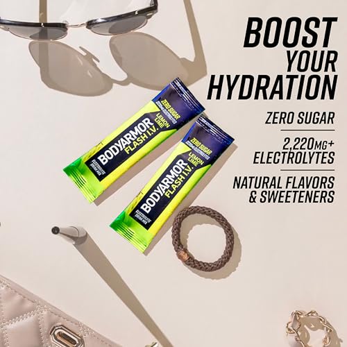 Image of BODYARMOR Flash IV Electrolyte Packets, Lemon Lime - Zero Sugar Drink Mix, Single Serve Packs, Coconut Water Powder (15 Count)