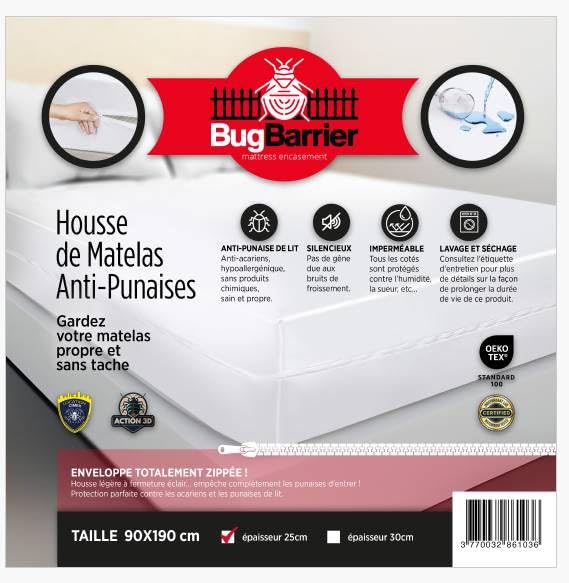 Housse anti-punaises matelas 90x190 efficace contre piqûres