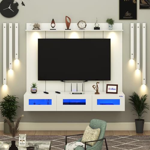 Image of Anikaa RayzaPro Engineered Wood Wall Mount TV Unit with PVC Back Panel, Acrylic Blue LED Storage Box, Side Wooden Accent Spot Light Panels I Deal for Up to 50 Inch TV (White - DIY Installation)