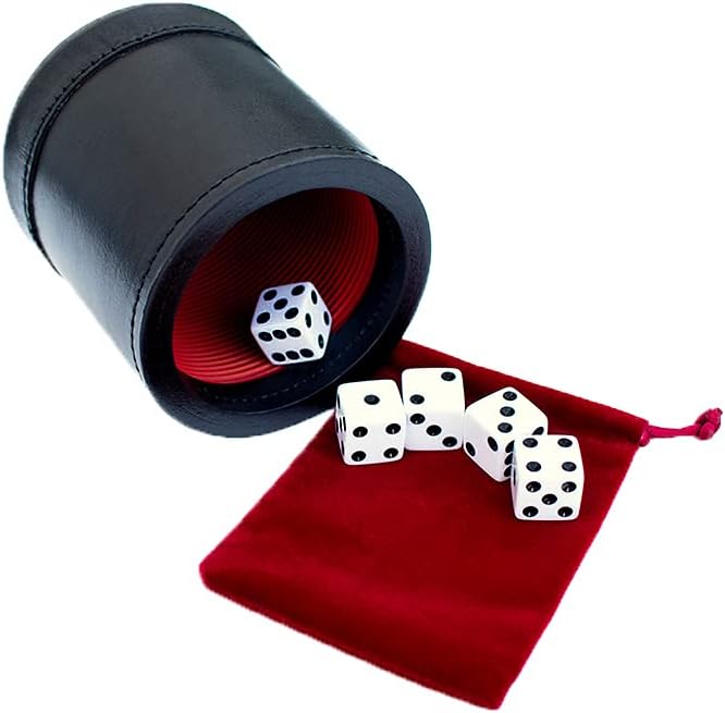 Alex Cramer Golden Gate Dice Cup Set - 5 White Dice, Drawstring Pouch & Book of Dice Games (Liars Dice Game) Included - Leather Dice Cup - Noiseless Liner for Quiet Shaking - Deep Mahogany