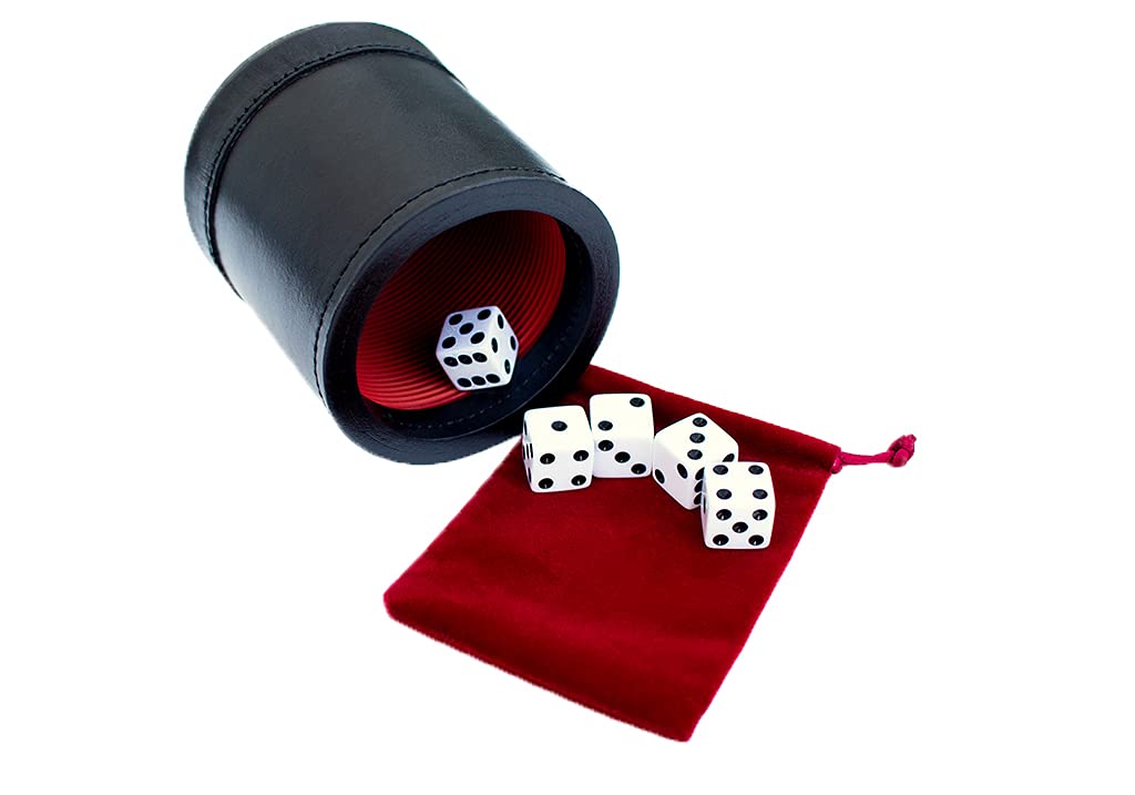 Alex Cramer Golden Gate Dice Cup Set - 5 White Dice, Drawstring Pouch & Book of Dice Games (Liars Dice Game) Included - Leather Dice Cup - Noiseless