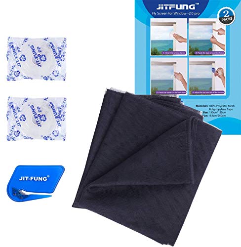 JIT-FUNG Fly Screen for Window-2 Packs, Mosquito Net Insect Mesh with Cutter, 1.5m x 1.55m, with 2 Rolls Self-Adhesive Tapes - 2.0 Pro