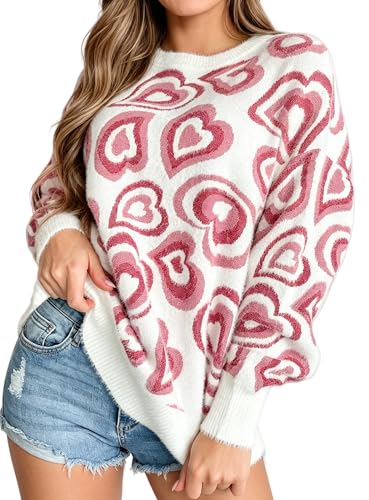 Image of Women's Cute Heart Sweater Love Print Valentine Romantic Knitted Top Casual Crewneck Long Sleeve Sweaters Pullover
