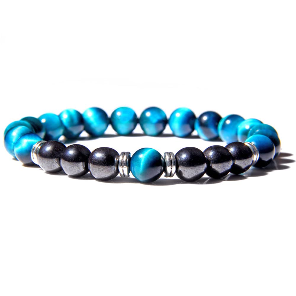 BYUK Bracciale Donna,7 Chakra Naturale Blu Navy Pietra Preziosa Occhio di Tigre Lucido Perline di Ematite Fascino Braccialetto Elastico Fortunato Gioielli alla Moda per Uomo Donna