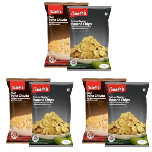 Image of Chheda's - Salt N Pepper Banana Chips (350 Gm) and Diet Poha Chivda (300 Gm) | Banana Wafers | Indian Namkeen | Tasty Snacks - Combo Pack (Pack of 3)