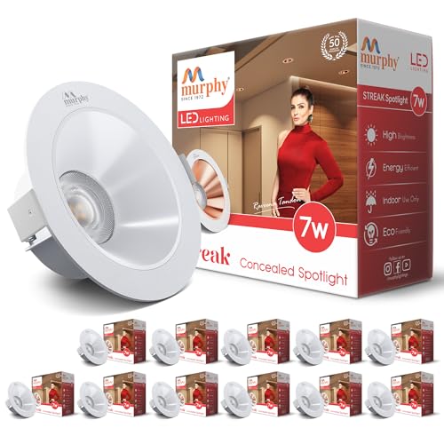 Image of Murphy 7W Streak LED Down Light WH+White Finish, Natural White Light, Round, Pack of 12, Recessed Ceiling LED Light, Suited for 3 inch Junction Box /Concealed Box (2 Years Warranty)