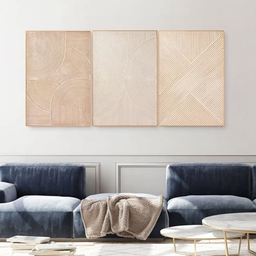 Image of Zessonic Large Textured 3D Wall Art Neutral Set of 3-24 inchx36 inch Hand-Painted Abstract Canvas Framed Paintings Brown for Living Room, Bedroom - Modern Minimalist Neutral Boho Decor
