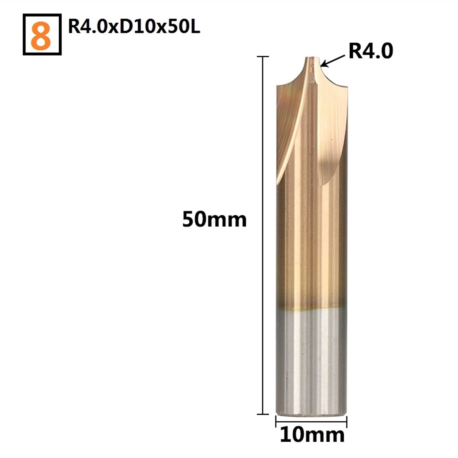 DINGGUANGHE-CUP Corner-Rounding End Mill TiCN Coating 4-12mm Shank Chamfer End Milling Cutter R0.5-R5.0 Router Bit Steel (Cutting Edge Length : R4xD10x50L)