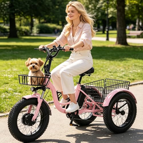 HpLNDas Triciclo EléCtrico De 20'' para Adultos con NeumáTicos Anchos, Pedaleo Asistido, Cesta De Carga Trasera, Pantalla LCD, Bocina Y Faro, Asiento Ajustable Y Carga MáXima: 150 Kg Pink