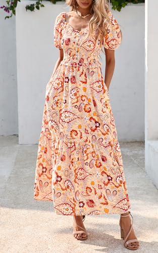 PRETTYGARDEN Womens Summer Dresses 2025 Casual Boho Floral Puff Short Sleeve Flowy Maxi Dress Smocked V Neck Sun Dresses4