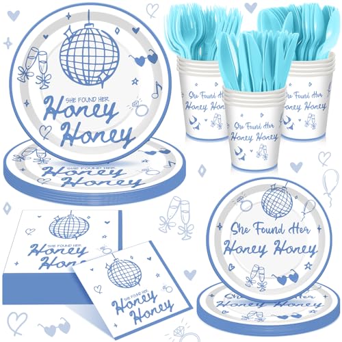 Sunnychicc 168 Pcs She Found Her Honey Honey Bridal Shower Party Supplies Mamma Mia Bachelorette Party Decoration Last Disco Bachelorette Tableware Set Dancing Queen Disposable Paper Plates Cup for 24