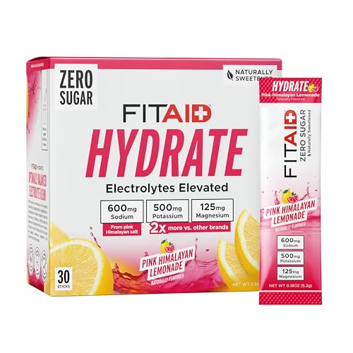 Image of LIFEAID FITAID Hydrate Clean Electrolyte Mix, Zero Sugar, Balanced Electrolyte Ratios: 600mg Sodium, 500mg Potassium, 125mg Magnesium, Pink Lemonade, for Exercise & Active Hydration, 30 Sticks