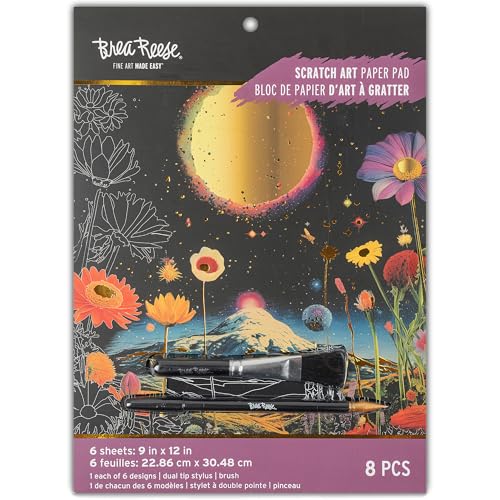 Brea Reese: Scratch Art Paper Pad - Surrealism - 6 Dreamlike Designs Guided Art Metallic Accents Dual-Tip Stylus & Brush 9x12 Pages Adult Craft