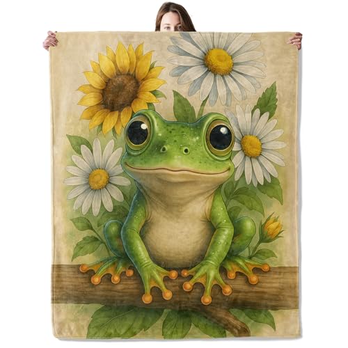 Frog and Sunflower Blanket, Flannel Blankets Gifts for Boys Girls Adults, Warm Cozy Soft Fuzzy Throw for Couch, Bed, Room Decor 60x80 in
