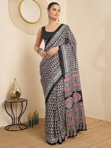 Image of AKHILAM Women's Soft Dola Silk Ajrak Printed Ready To Wear one Minute Saree With Unstitched Blouse Piece