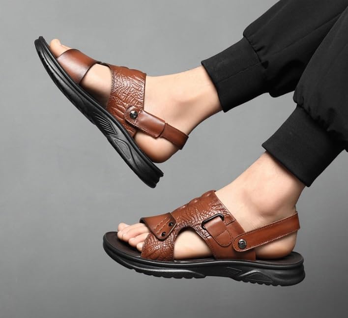 VOODUE Mens Hiking Sandals Genuine Leather Men's Sandals Soft Non Slip Slippers Wear Resistant Big Size Sandals (Color : Brown, Size : 41) 5