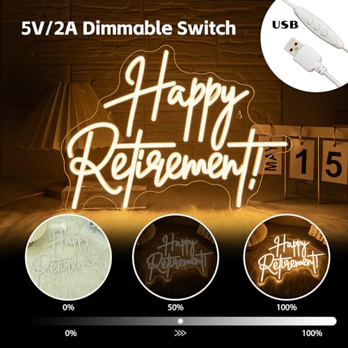 Image of LooKLight Happy Retirement Neon Sign Dimmable Neon Signs For Wall Decor Led Lights For Birthday Party Room Bedroom Decoration Celebrating Retirement Gifts USB Powered 16.54x12.09in
