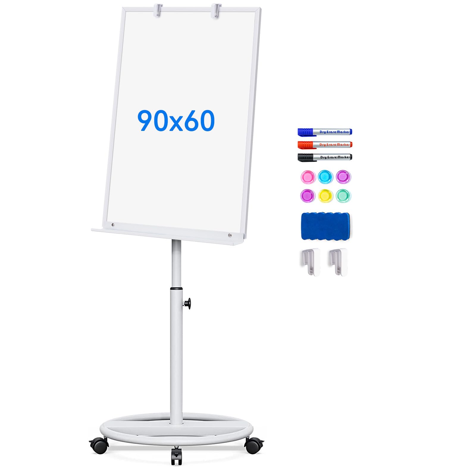 maxtek Pizarra Blanca Magnética Móvil con Marco de Plástico 90 × 60 Cm, Whiteboard Portátil con bandeja y caballete, Altura Ajustable, Borrado en Seco para Casa, Aula, Oficina