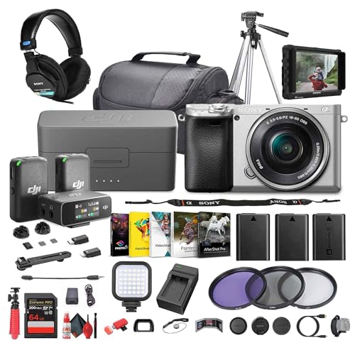 Sony a6400 Mirrorless Camera with 16-50mm f/3.5-5.6 II Lens (Silver) (ILCE6400L/S) + DJI Wireless Mic 2 + Monitor + Pro Headphones + Tripod + Photo Software + 2 x 64GB Memory Card + More