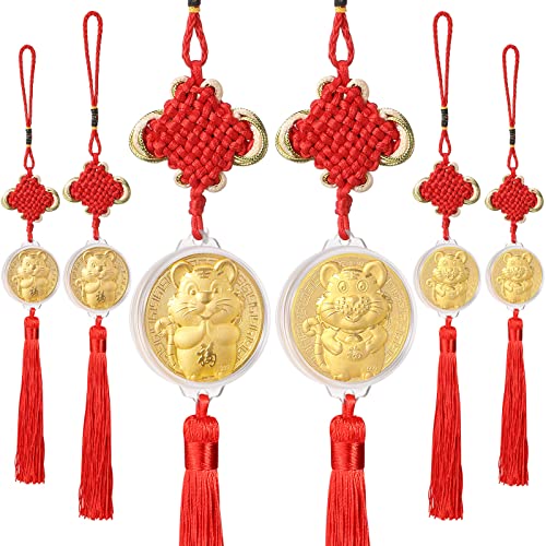 Chinese New Year Hanging Pendants 2022 Year of The Tiger Chinese Feng Shui Coin Charms Car Pendant Chinese Knot Decorative Ornament for Chinese Spring Festival Decor (Tiger Style,6 Pieces)