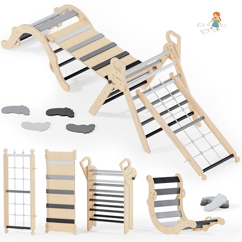 Image of BlueWood 10-in-1 Pikler Triangle Set, Toddler Climbing Toys Indoor, Montessori Climber, Baby Jungle Gyms with Arch, Extra Rope Ladder & Footprint Balance Beam - Grey Twilight