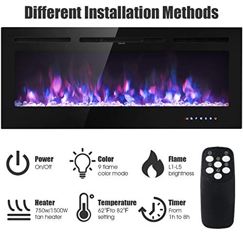 Tangkula 50 Inches Electric Fireplace Insert With Thermostat, In-Wall Recessed And Wall Mounted 1500 W Faux Fireplace, Touch Screen Control, 9 Flamer Color, Temperature Control & Timer (50 Inches) #TOP7
