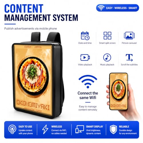Image of 21.5 Inch IP65 Waterproof Advertising Backpack, 1000nits High Brightness LCD Digital Signage Backpack, Human Walking Backpacks Digital Billboard with USB /App /CMS Input for Auto ADs Playback