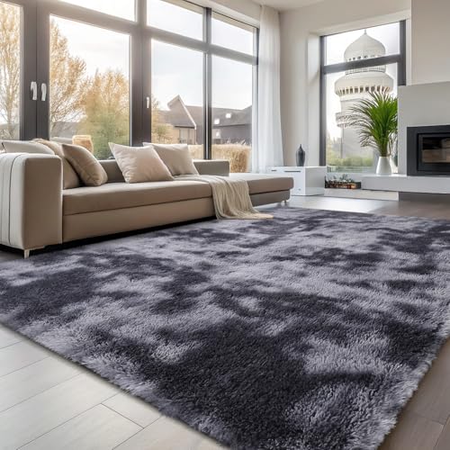 smiry Rugs Living Room 120x160cm, Area Rugs for Bedroom, Machine Washable Anti Slip Soft Fluffy Shaggy Tie-dye Floor Carpet for Kids Girls and Boys, Nursery Room, Light Grey - Image 3