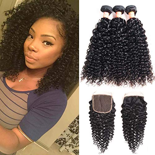 Levergreen clips in afro curly hair and hair bundles with closure (12 14 16+10, black)