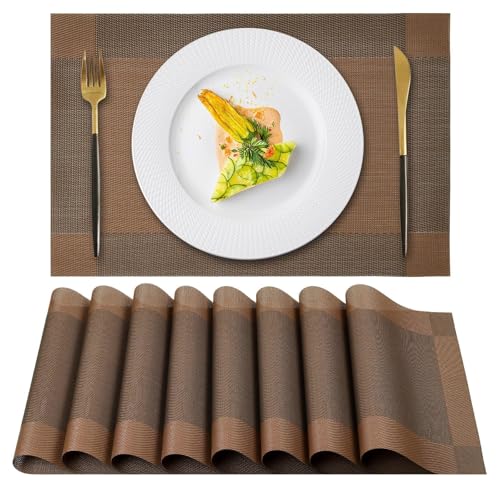 Gucass 8er Set Tischsets Abwaschbar, PVC Platzsets Abwischbar Platzdeckchen, Placemats Abgrifffeste Hitzebeständig rutschfest, Tischmatten für Küche Restaurant Speisetisch, 45x30cm(Braun)