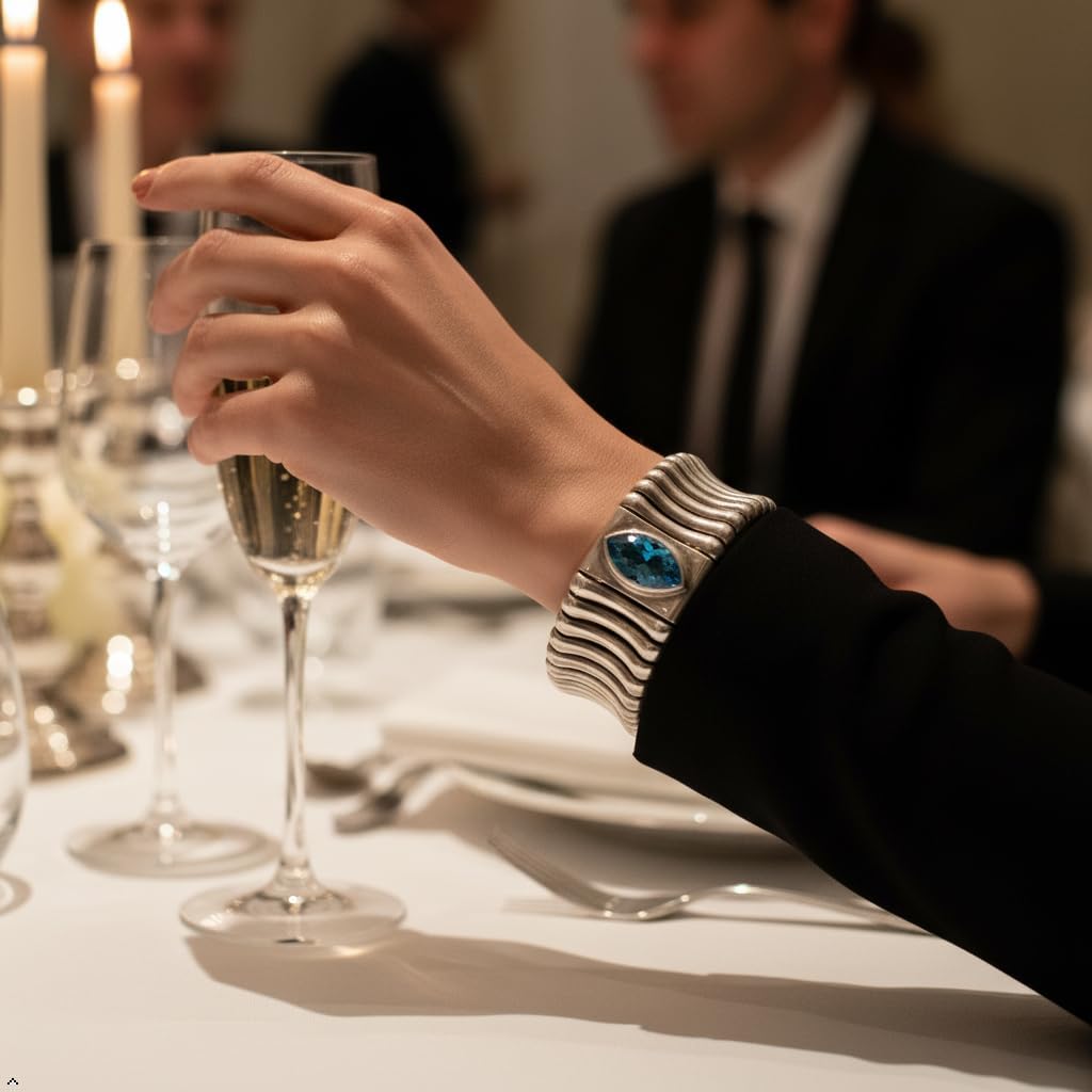 Women's Handmade Flexible Silver-Plated Pewter Bracelet with Crystal Stone, Hypoallergenic Nickel-Free Tarnish-Free Boho Chic Fashion Jewelry for Sensitive Skin, Fits All Wrists