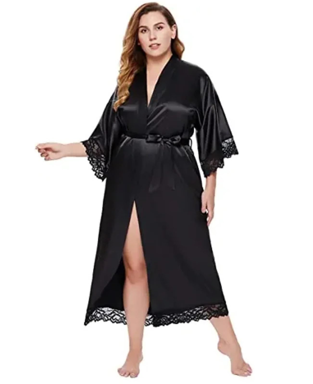 Albornoz de Satén Bata de Novia con Mangas de Encaje, Bata de Novia de Encaje Boudoir, Bata de Boda Larga for Mujer, Bata de Dama de Honor(Deep Blue,5XL)