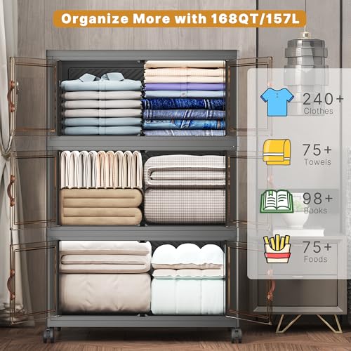 Image of UAMFURI Stackable Storage Bins with Lids, 504QT Closet Organizers and Storage Cabinet with Doors & Wheels, Lockable Plastic Foldable Drawers for Bedroom Dorm Office Garage(168QT*3,Black)