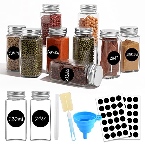 FINEW Juego de 24 tarros de especias con inserto para esparcir especias, tarros de especias de cristal pequeños para almacenamiento de especias, tarros de especias cuadrados con etiquetas, 120 ml Cover
