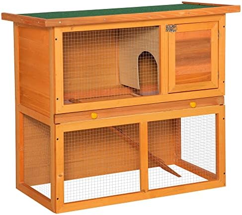 PawHut 2-Tier Rabbit Hutch Wooden Guinea Pig Hutch Double Decker Pet Cage Run with Sliding Tray Opening Top