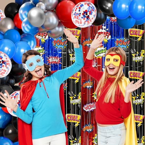 Image of Black Red Blue Balloon Garland Arch Kit Birthday Party Decorations, Hero Foil Fringe Curtains Backdrop Tinsel Streamer Photo Booth Props for Hero Party Decor Supplies Favors