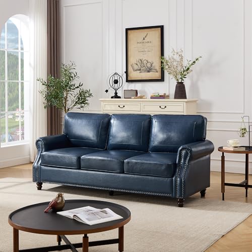 Image of Kingfun Mid-Century Modern Couch, Faux Leather Sofa, 3 Seater Couch for Living Room with Rolled arms & Nailhead Trim, Blue