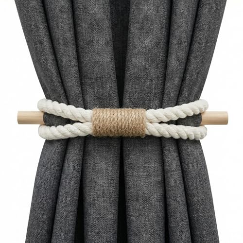 2 Pack Curtain Drape Tiebacks Rustic Holdbacks Farmhouse Tie Backs Jute Rope Vintage Natural Rustic Curtain Holders Boho Decor Shabby Chic Drapery Holder for Home Office Outdoor Window