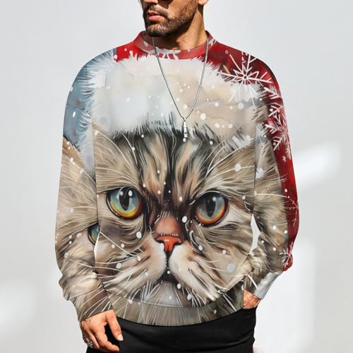 Mens Crewneck Sweater Christmas Persian Cat Snowflakes Crew Neck Sweater for Men Casual Party Holiday Pullover2