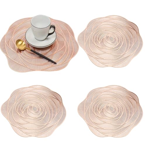 Rose Gold Placemats Set of 4,15" Rose Flower Vinyl Valentine's Day Place Mats, Elegant Tablemats Kitchen Table Setting for Wedding Dining Mother's Day Valentine's Day Table Decorations