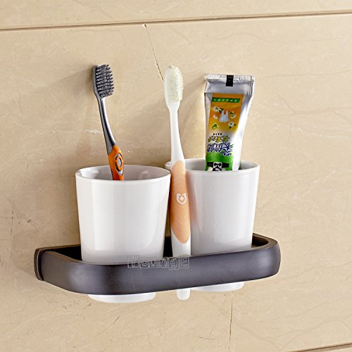 Younge Oil Rubbed Bronze Bathroom Accessories Wall-Mounted Double Toothbrush Holder Cup Holder With Two White Ceramic Tumbler #TOP4