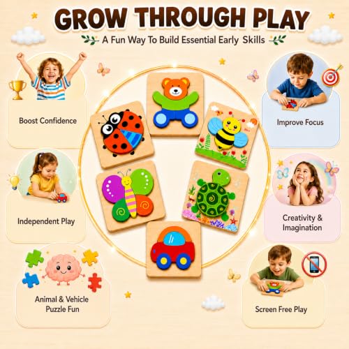 Image of Wooden Jigsaw Puzzles Set | Puzzle Game for Kids 3 to 5 Years | 6 in 1 Animal & Vehicle Puzzle Toy for Shape Matching Activity Play | Multi Color |1 Set