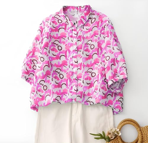 Image of Gufrina Women's Abstract Printed Button Down Shirt with Mandarin Collar and Above Elbow Sleeve Relaxed Fit Top