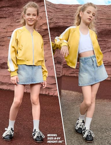 Perfashion Satin Bomber Jacket for Girls Zip Up Varsity Cropped Coat Sparkly Windbreaker with Pockets 4-13Y4