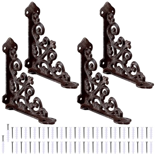 Blulu 4 Pack Decorative Shelf Brackets, Cast Iron Brackets 3 7/8' x 3 7/8' Heavy Duty Metal Shelving Bracket for Bookshelf Wall Mount, Antique Style L Shelf Bracket for DIY Floating Shelves(Iron Gray)