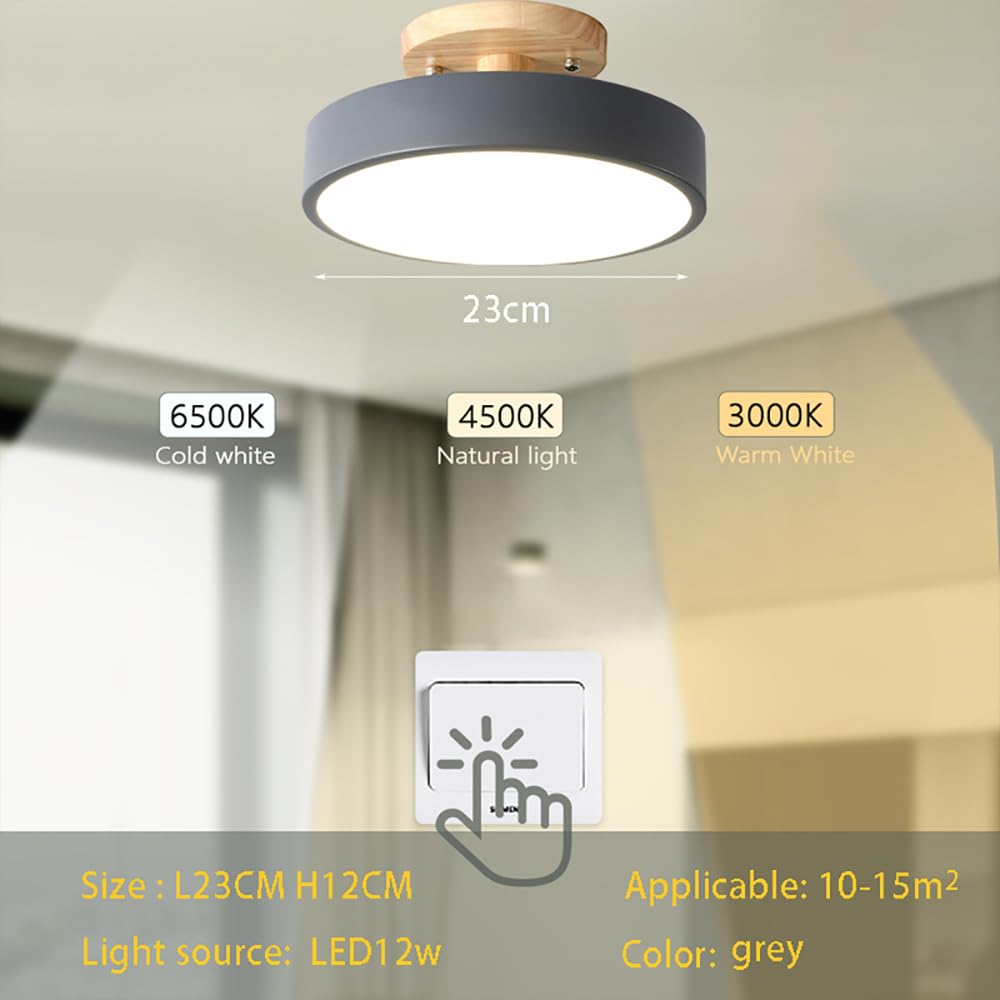 Lampa sufitowa LED z 1 światłem, możliwość ściemniania, 23 cm (9 cali), nowoczesny styl, drewniana 12 W, szara, do salonu, sypialni, kuchni, kuchni, regulowanej temperatury.