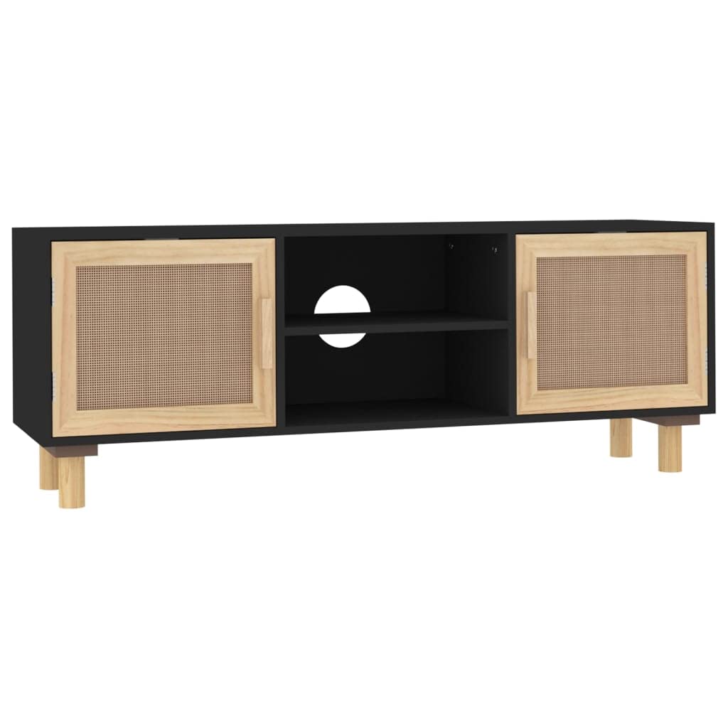 vidaXL TV Cabinet | Black | Solid Wood Pine & Natural Rattan | Scandinavian Style | Spacious Media Cabinet | Engineered Wood | For Living Room