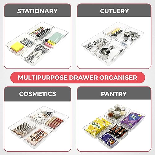 Amtido 4 Pack Drawer Organisers, Sturdy Clear Plastic, Versatile Storage for Kitchen Bathroom, Utensils, Makeup, Office - Image 3